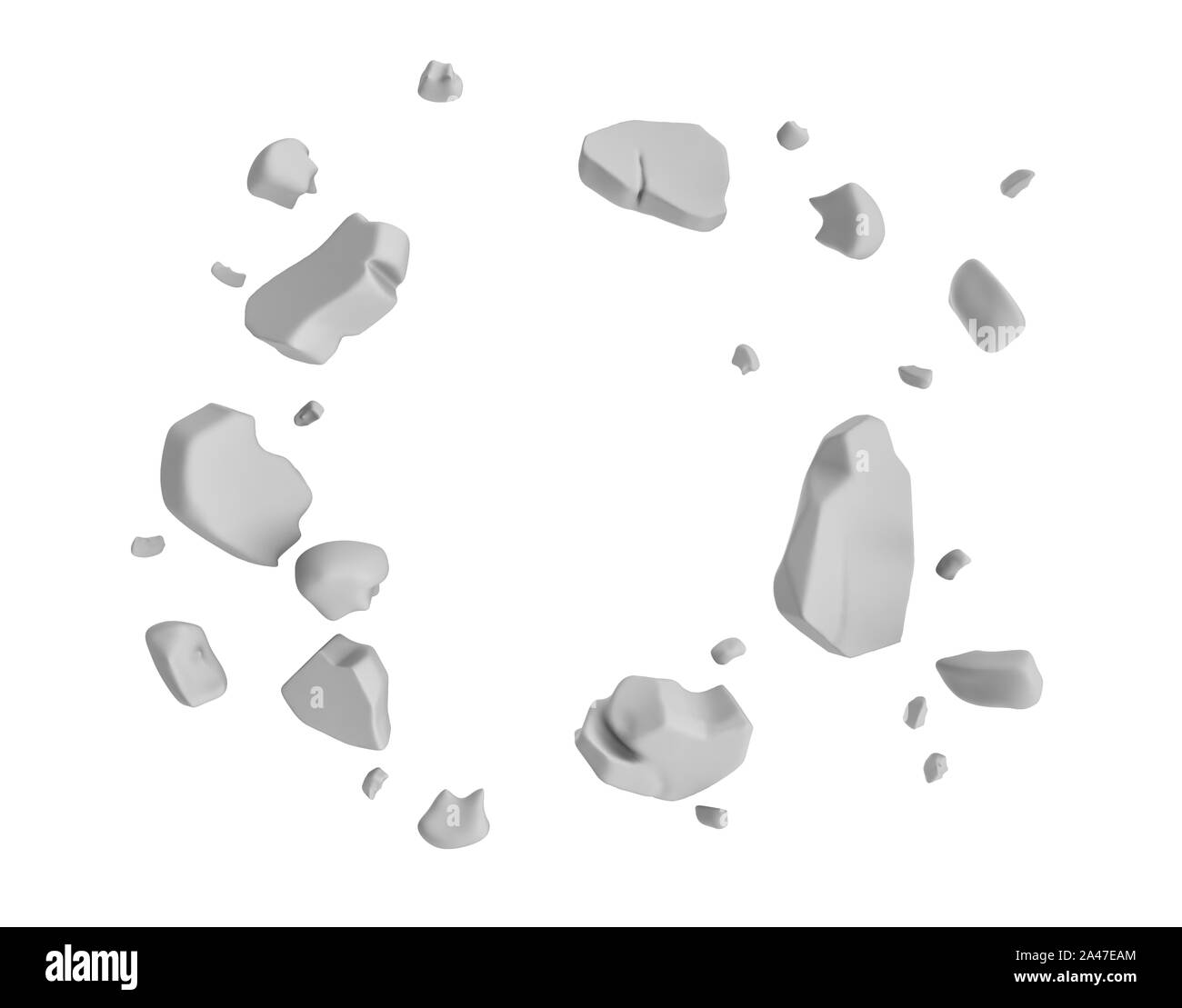 3d rendering of grey pieces of plaster wall hanging in the air on white background. Construction and demolition. Failure and destruction. Broken piece Stock Photo