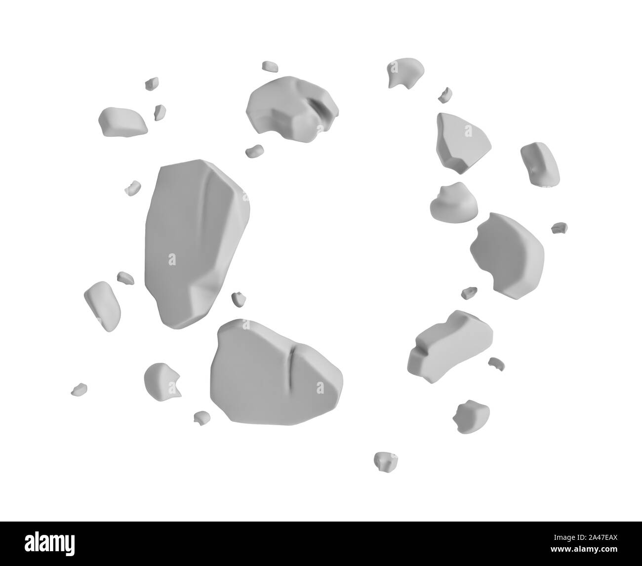 3d rendering of grey pieces of plaster wall hanging in the air on white background. Construction and demolition. Failure and destruction. Broken piece Stock Photo