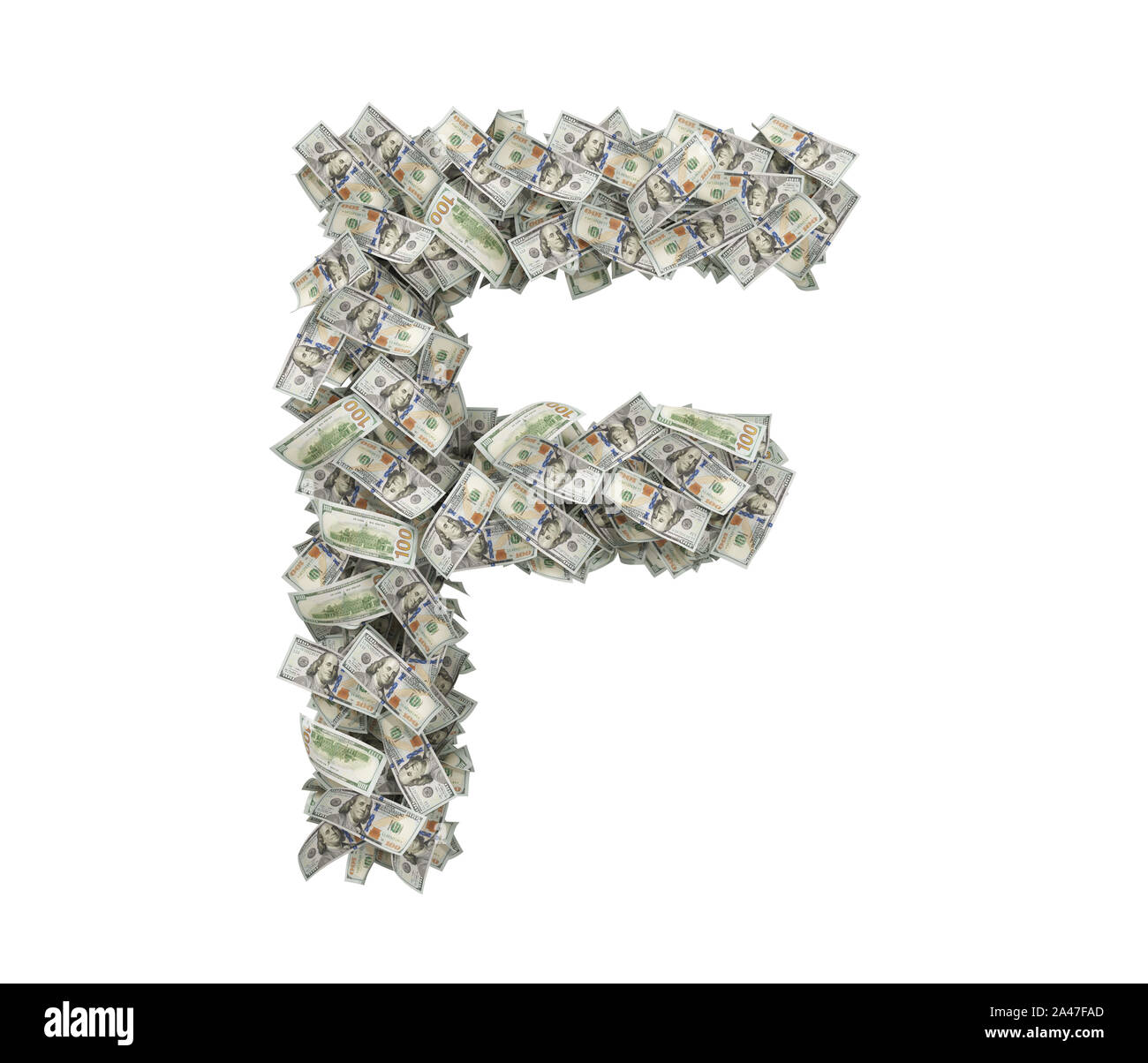 3d rendering of a large isolated large letter F made of many one hundred dollar bills. Money and bills. American currency. Alphabet and letters. Stock Photo