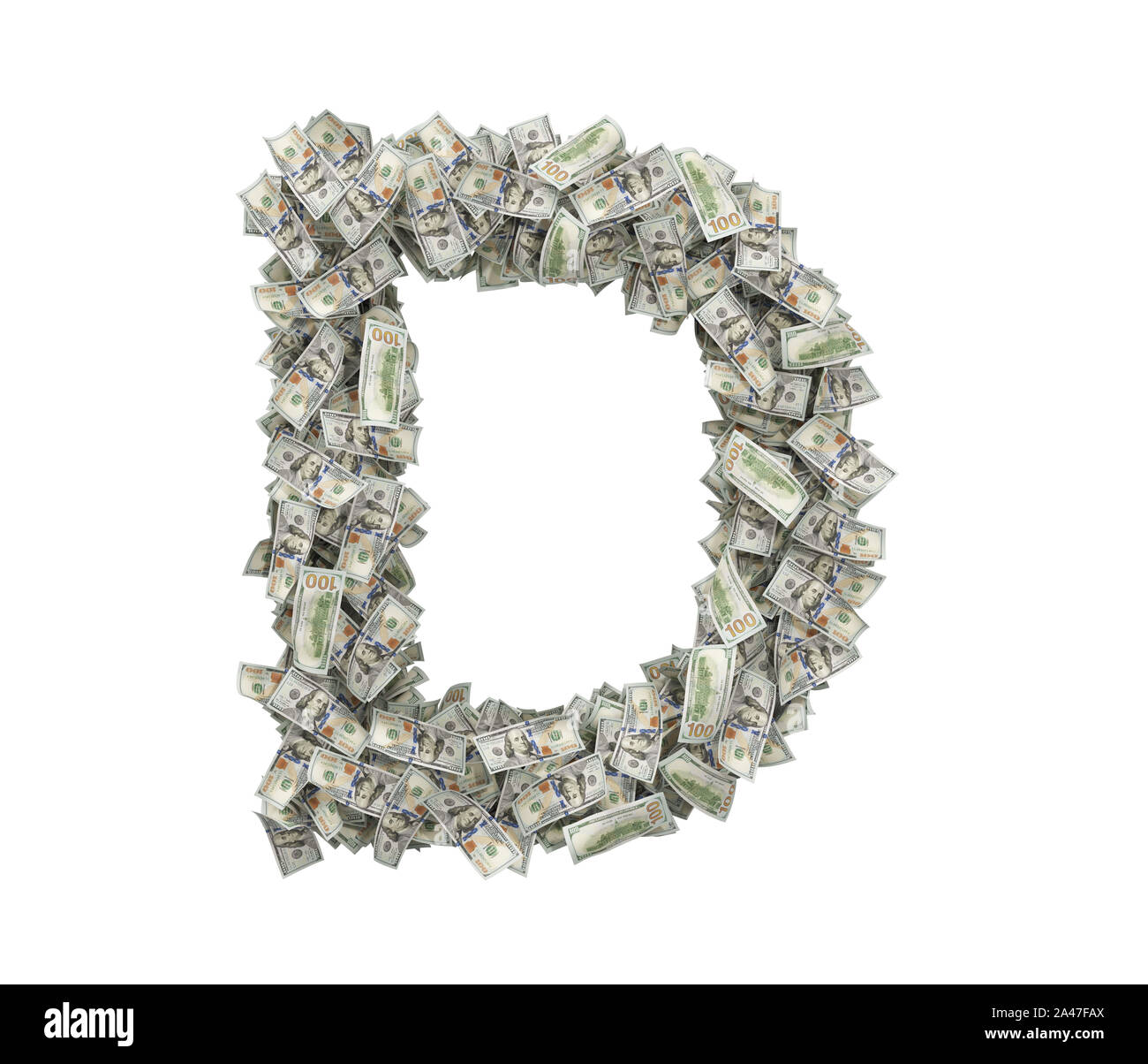 3d rendering of a large isolated large letter D made of many one hundred dollar bills. Money and bills. American currency. Alphabet and letters. Stock Photo