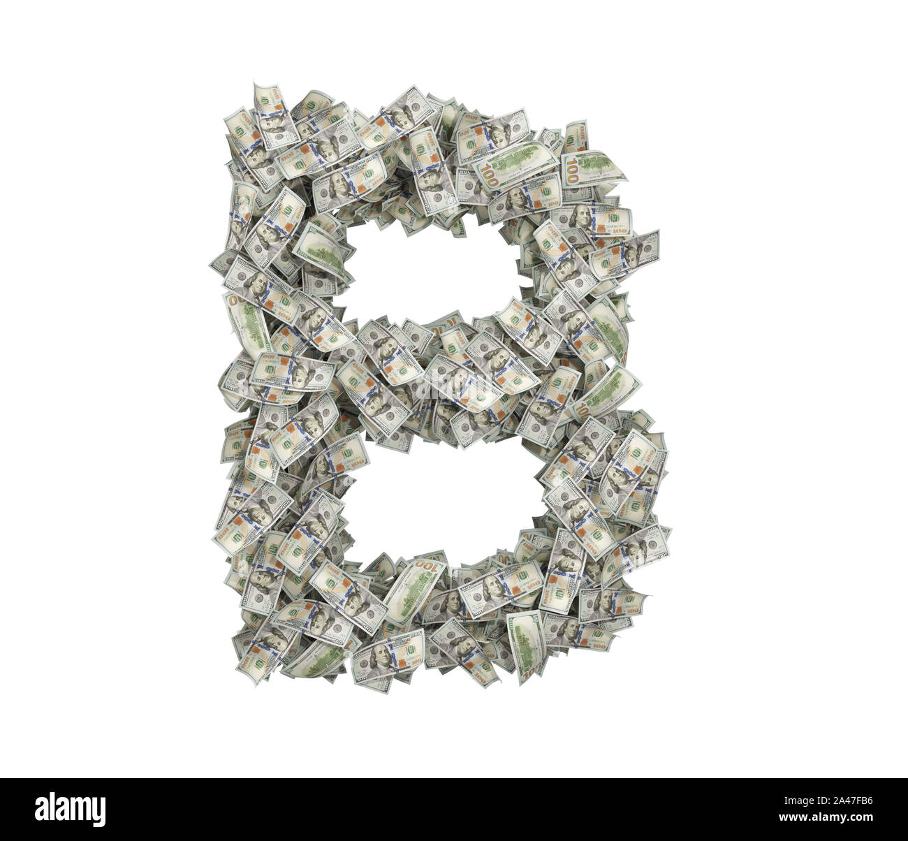 3d rendering of a large isolated large letter B made of many one hundred dollar bills. Money and bills. American currency. Alphabet and letters. Stock Photo