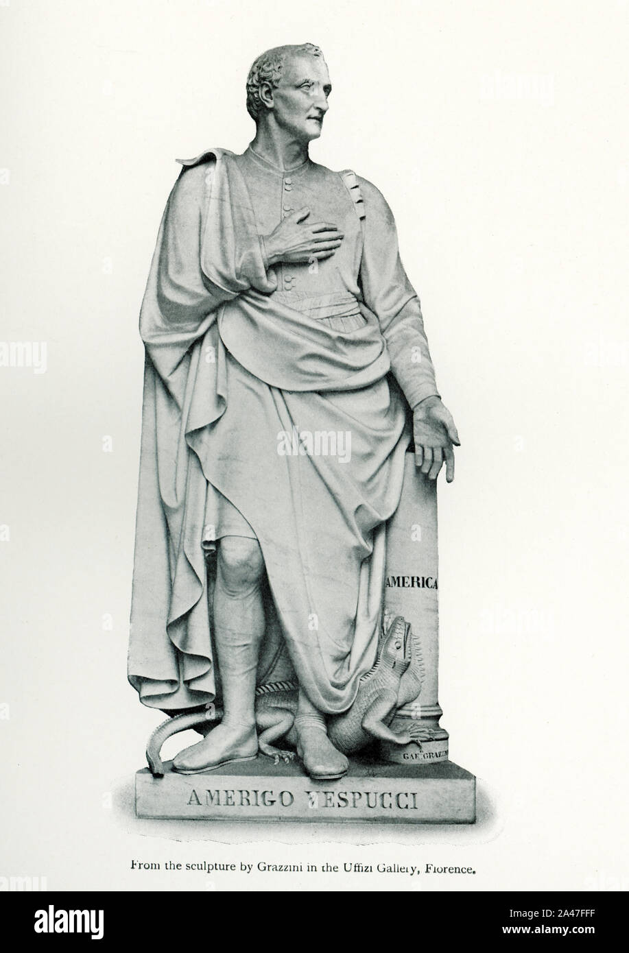 This photo dating to 1912 shows Amerigo Vespucci, a sculpture of him by Grazzini that is housed in the Uffizi Gallery in Florence. Vespucci (1454-1512)  was an Italian explorer, financier, navigator, and cartographer who was born in the Republic of Florence. He is best known for his namesake: the continents of North and South America Stock Photo
