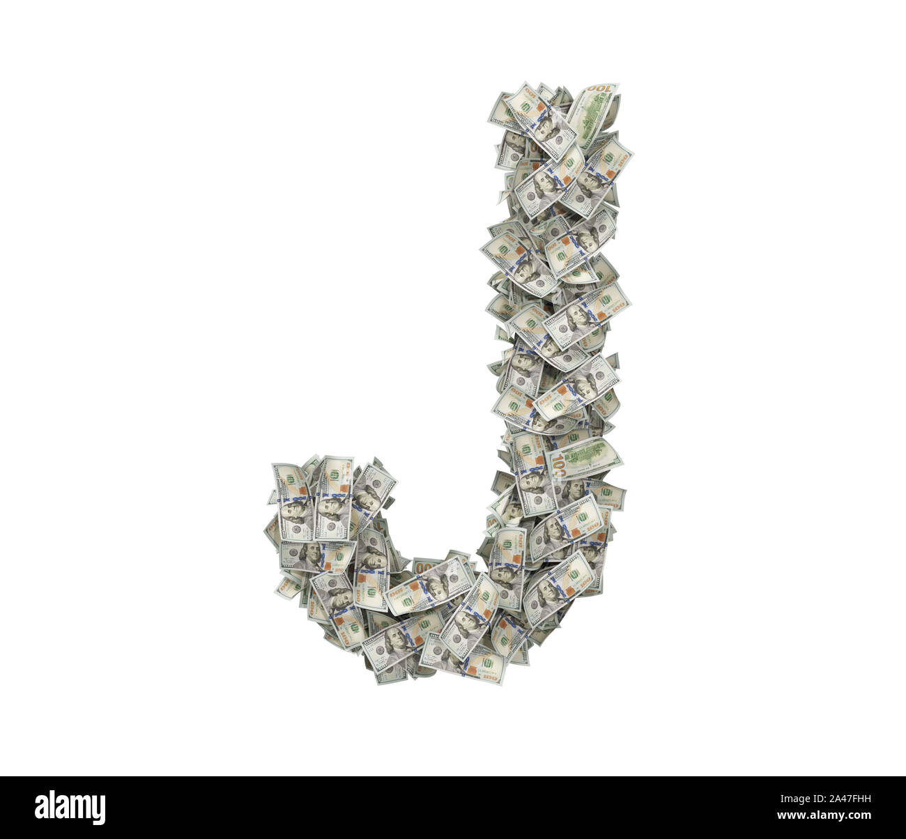 3d rendering of a large isolated large letter J made of many one hundred dollar bills. Money and bills. American currency. Alphabet and letters. Stock Photo