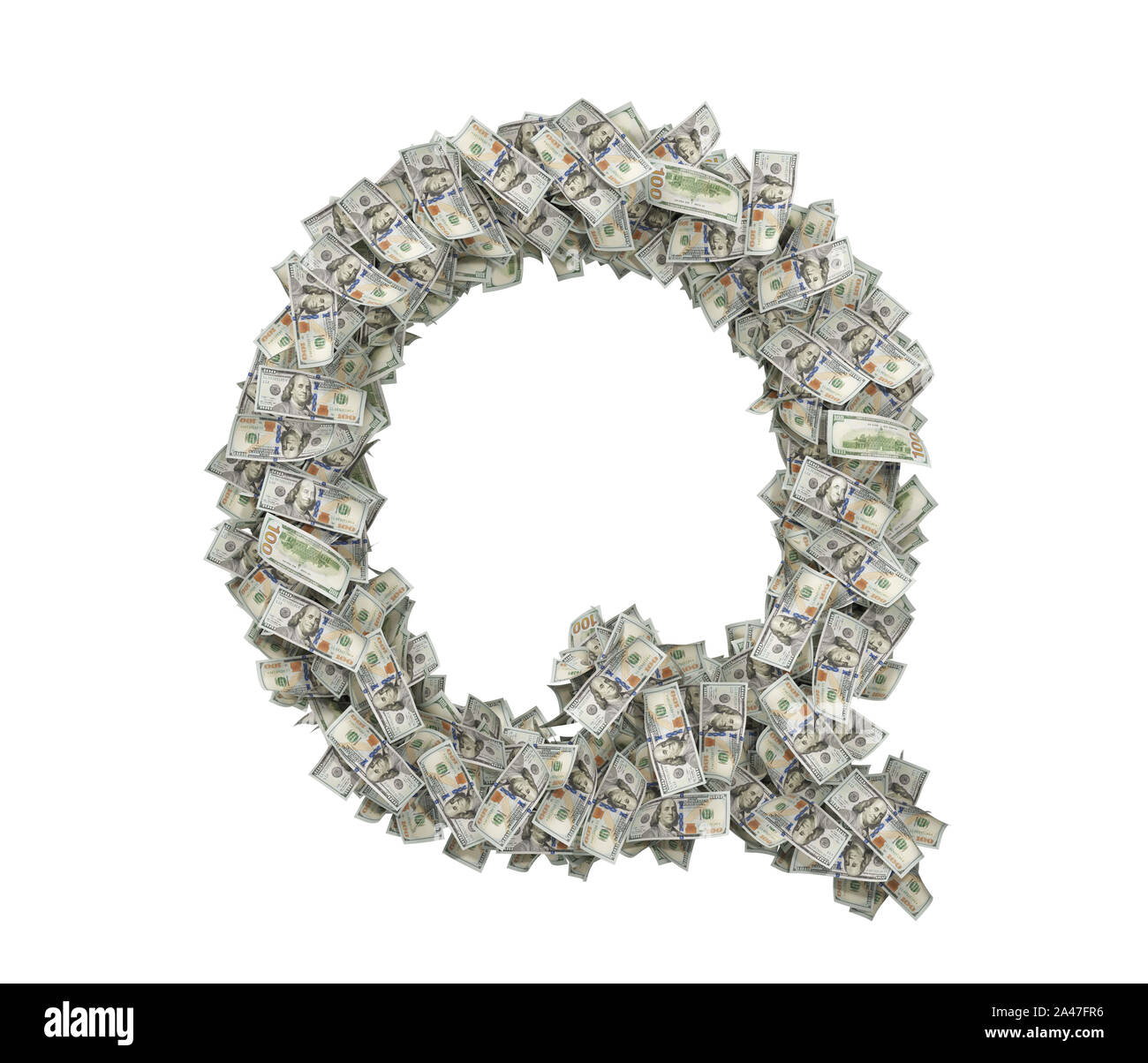3d rendering of a large isolated letter Q made of dollar banknotes on a