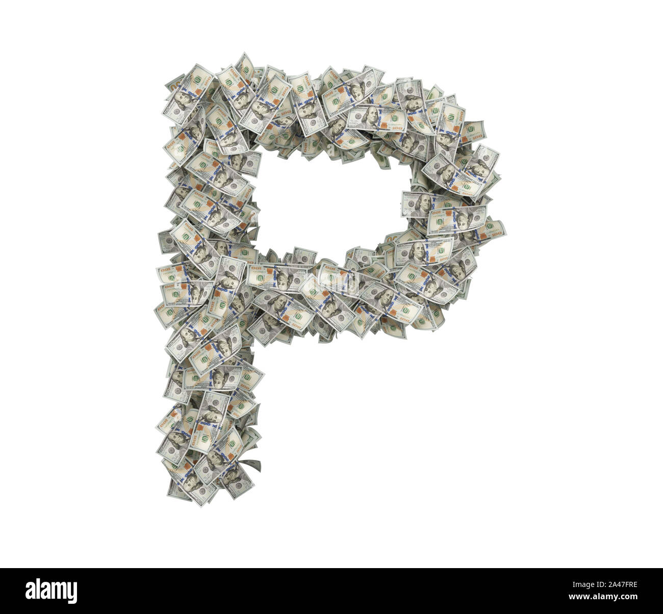 3d rendering of a large isolated large letter P made of many one hundred dollar bills. Money and bills. American currency. Alphabet and letters. Stock Photo