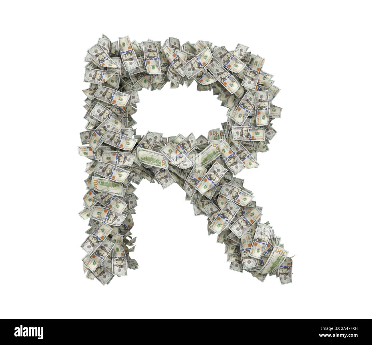 3d rendering of a large isolated large letter R made of many one hundred dollar bills. Money and bills. American currency. Alphabet and letters. Stock Photo