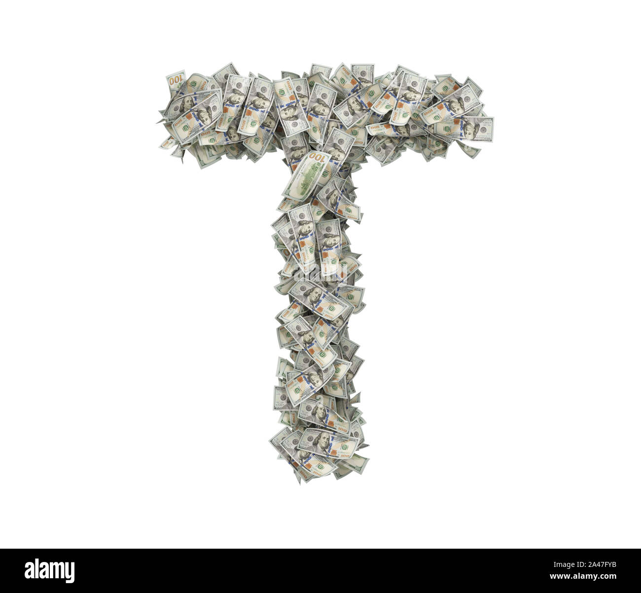 3d rendering of a large isolated large letter T made of many one hundred dollar bills. Money and bills. American currency. Alphabet and letters. Stock Photo