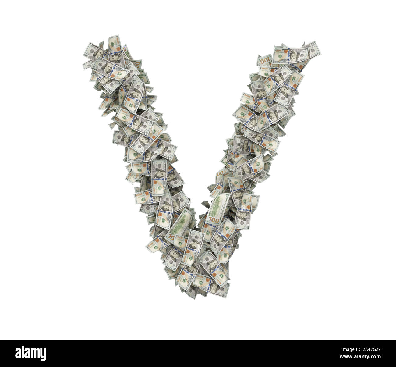 3d rendering of a large isolated large letter V made of many one hundred dollar bills. Money and bills. American currency. Alphabet and letters. Stock Photo