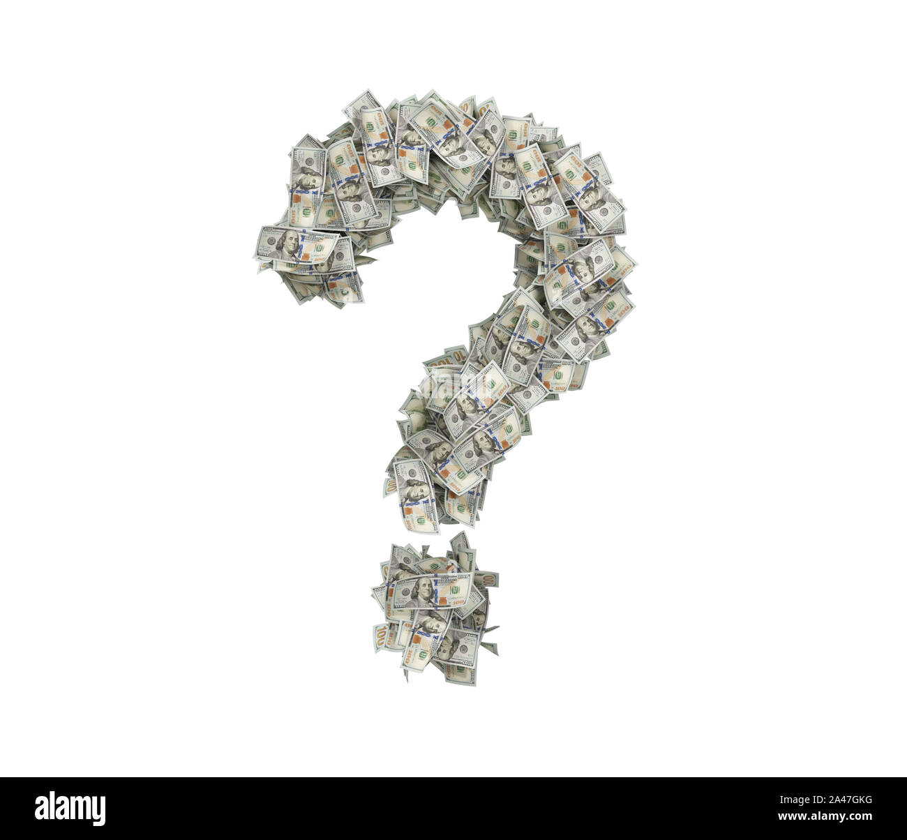 3d rendering of a large question mark made of countless 100 dollar bills on a white background. Million dollar question. Money and finance. Cues for w Stock Photo