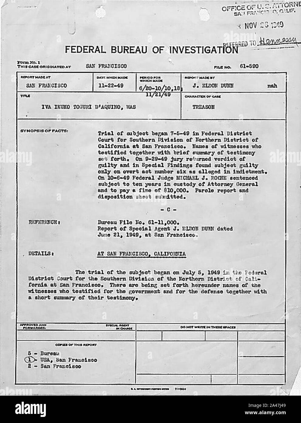 FBI file of Iva Ikuko Toguri D'Aquino. Stock Photo