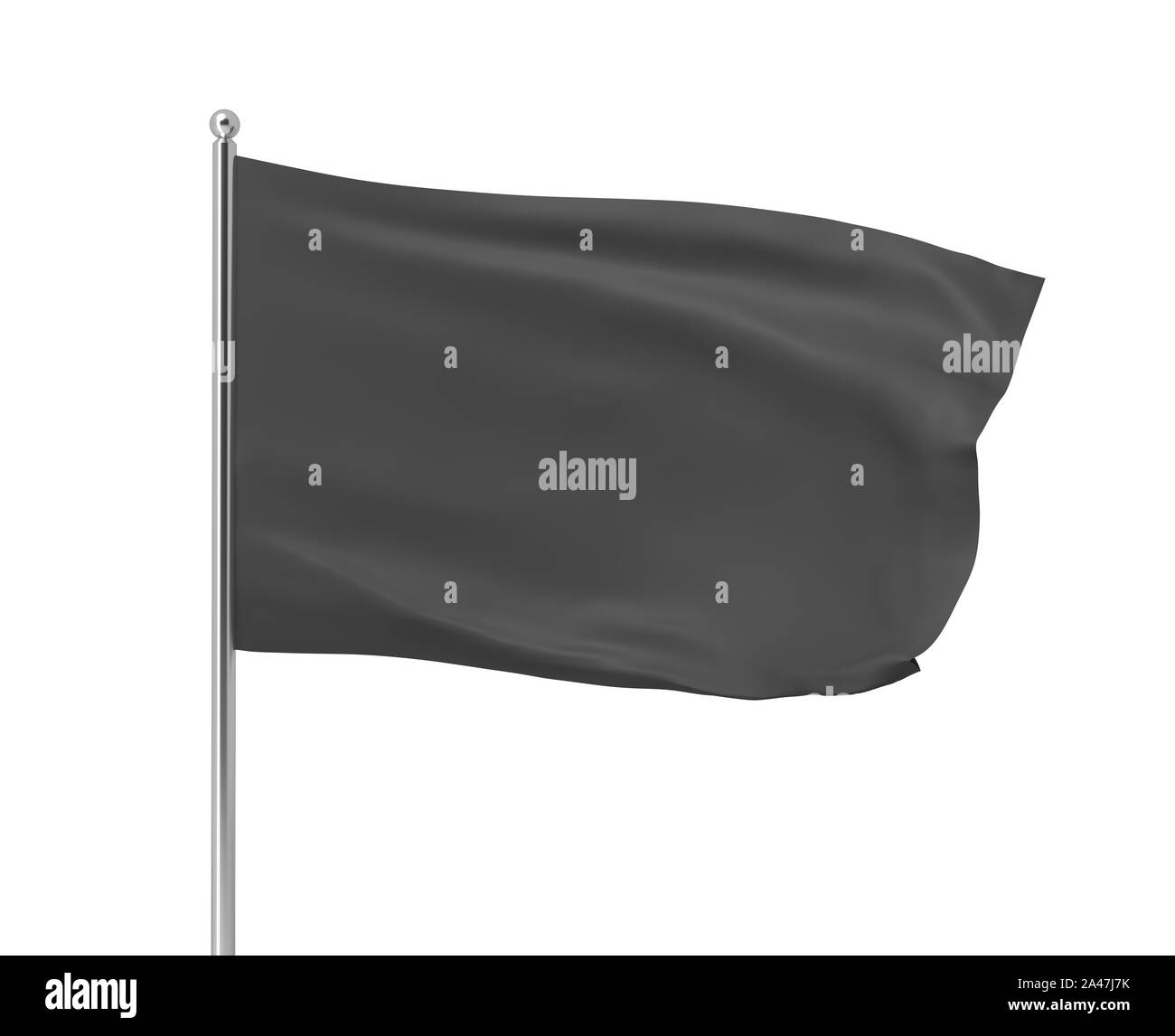 3d rendering of black flag hanging on post and wavering on a white