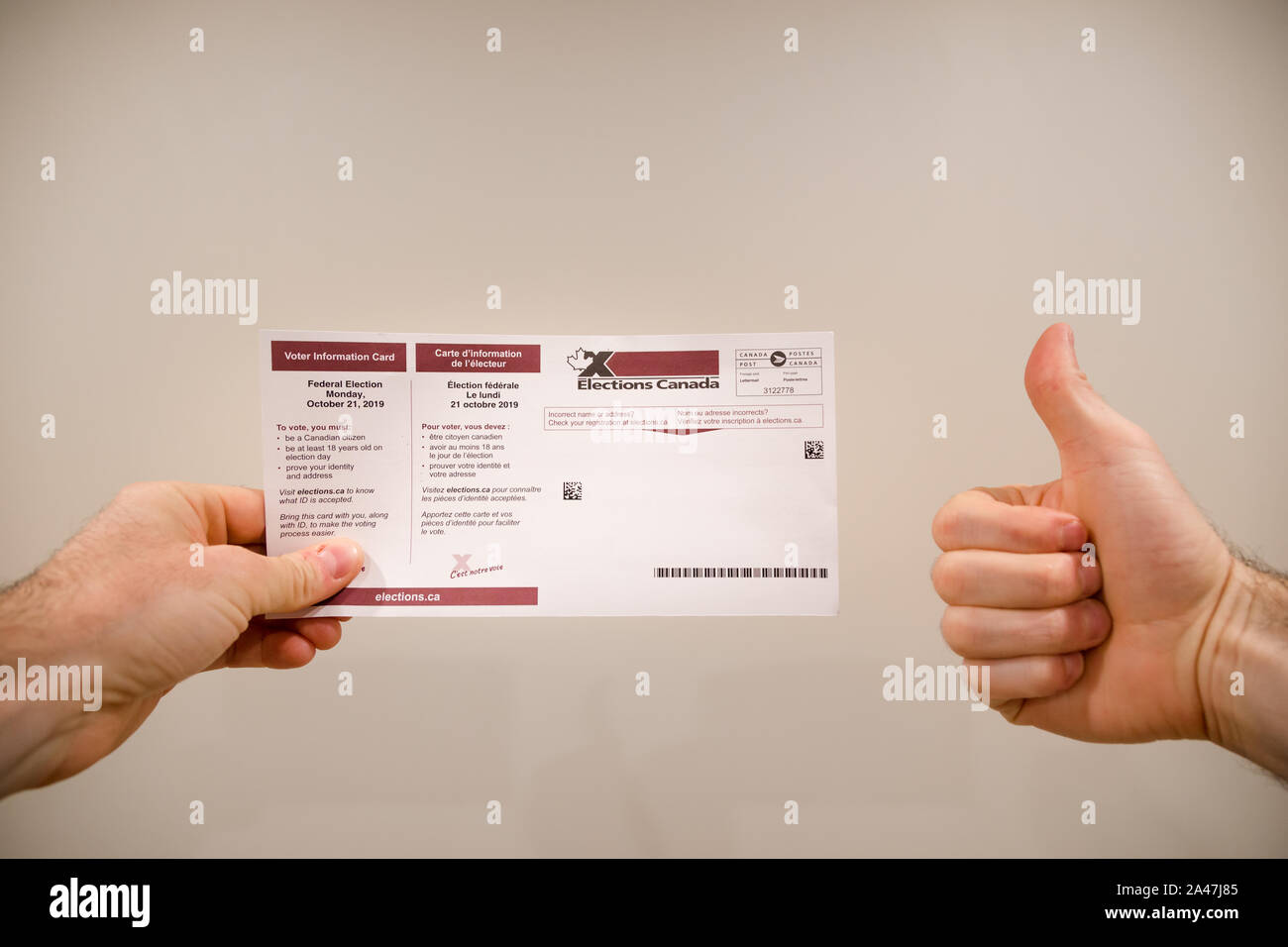 NORTH VANCOUVER, BC, CANADA - OCT 11, 2019: A voter information card for the 2019 Canadian Federal Election which takes place on Oct 21, 2019 with a Stock Photo