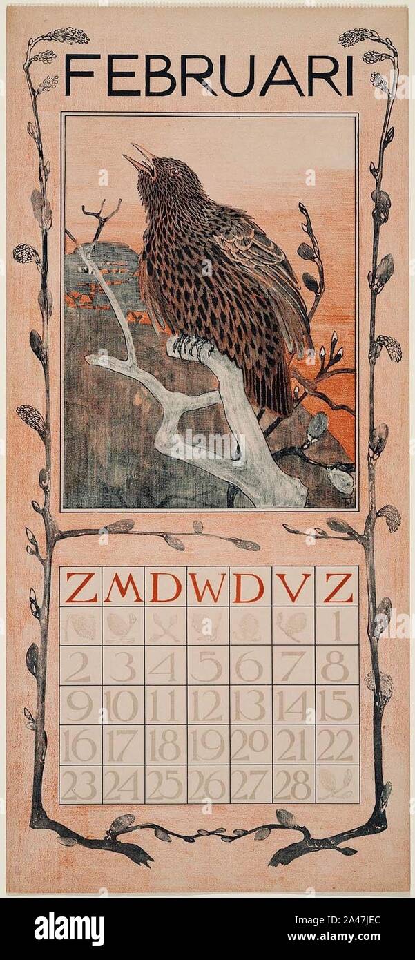 February 1902 calendar with Starling - Theo van Hoytema. Stock Photo