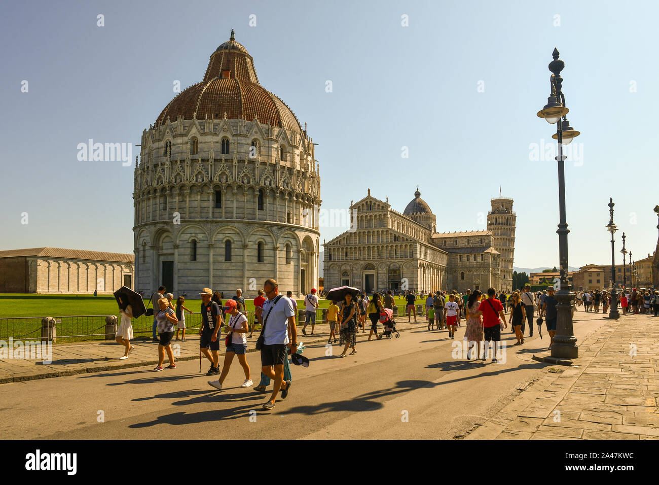 Scenic view of the famous Piazza dei Miracoli square in Pisa with the Baptistery of St John, the Cathedral and the Leaning Tower, Tuscany, Italy Stock Photo