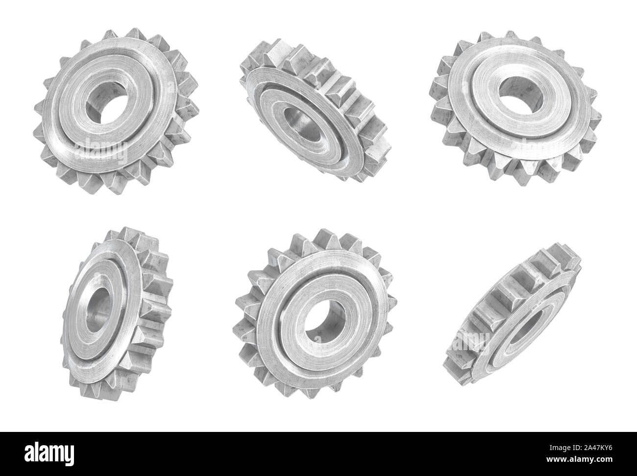 3d rendering of several metal spur gears hanging in different angles on