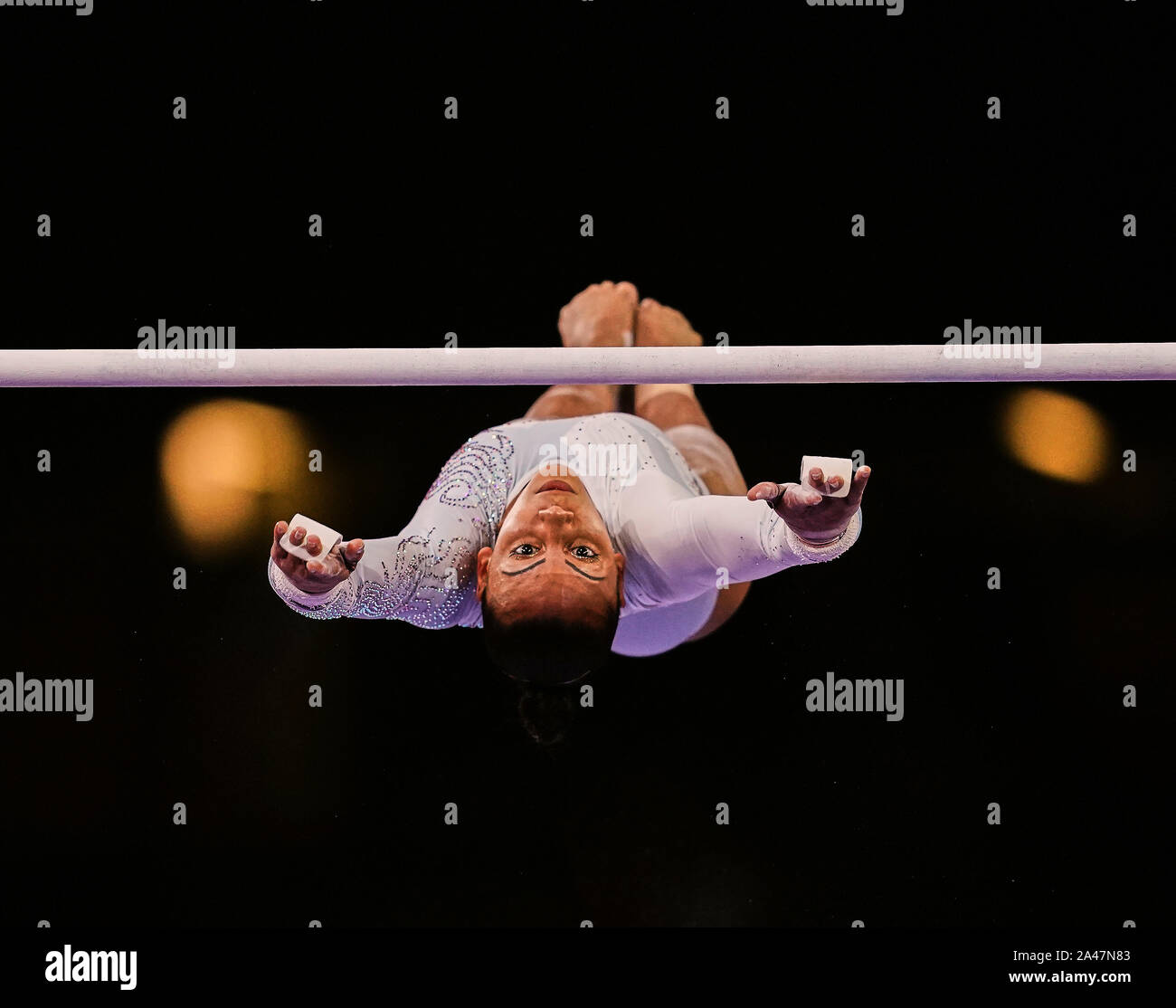 Stuttgart, Germany. 12th Oct, 2019. Rebecca Downie of Great Britain competing in uneven bars for women during the 49th FIG Artistic Gymnastics World Championships at the Hanns Martin Schleyer Halle in Stuttgart, Germany. Ulrik Pedersen/CSM/Alamy Live News Stock Photo