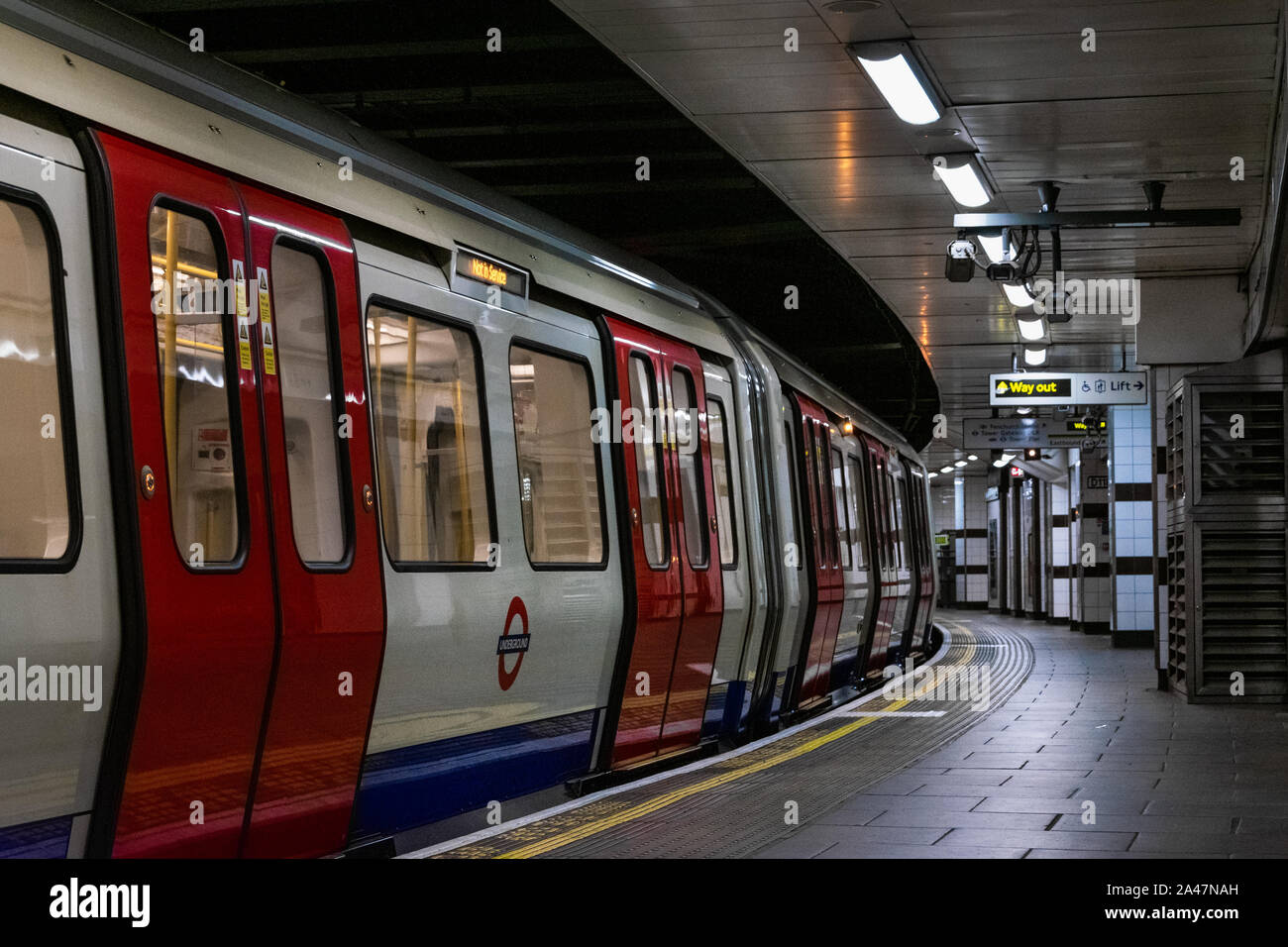 London underground train out of service at Tower Hill Station. Train in platform. Stock Photo