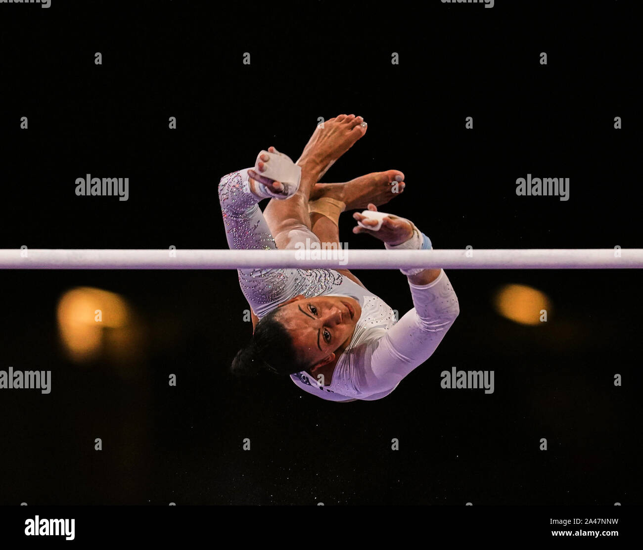 Stuttgart, Germany. 12th Oct, 2019. Rebecca Downie of Great Britain competing in uneven bars for women during the 49th FIG Artistic Gymnastics World Championships at the Hanns Martin Schleyer Halle in Stuttgart, Germany. Ulrik Pedersen/CSM/Alamy Live News Stock Photo