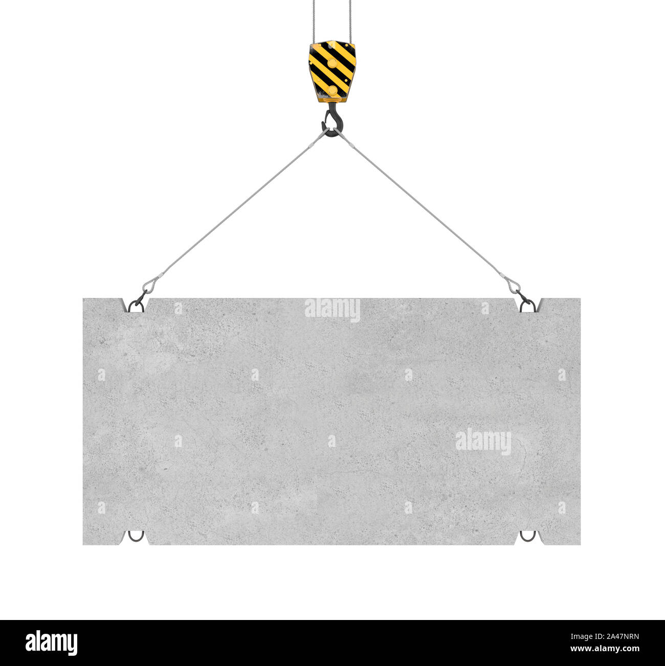 3d rendering of concrete slab hanging on a hook with two ropes isolated