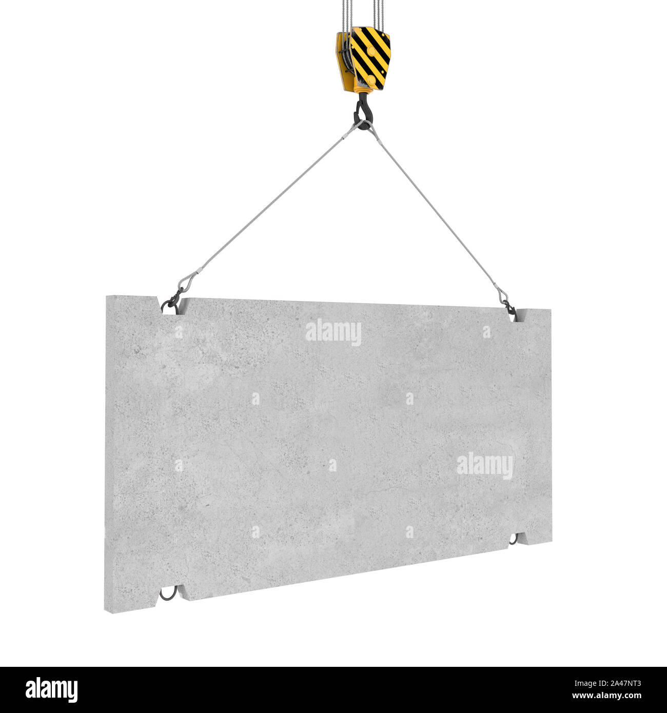 3d rendering of concrete slab hanging on a hook with two ropes isolated