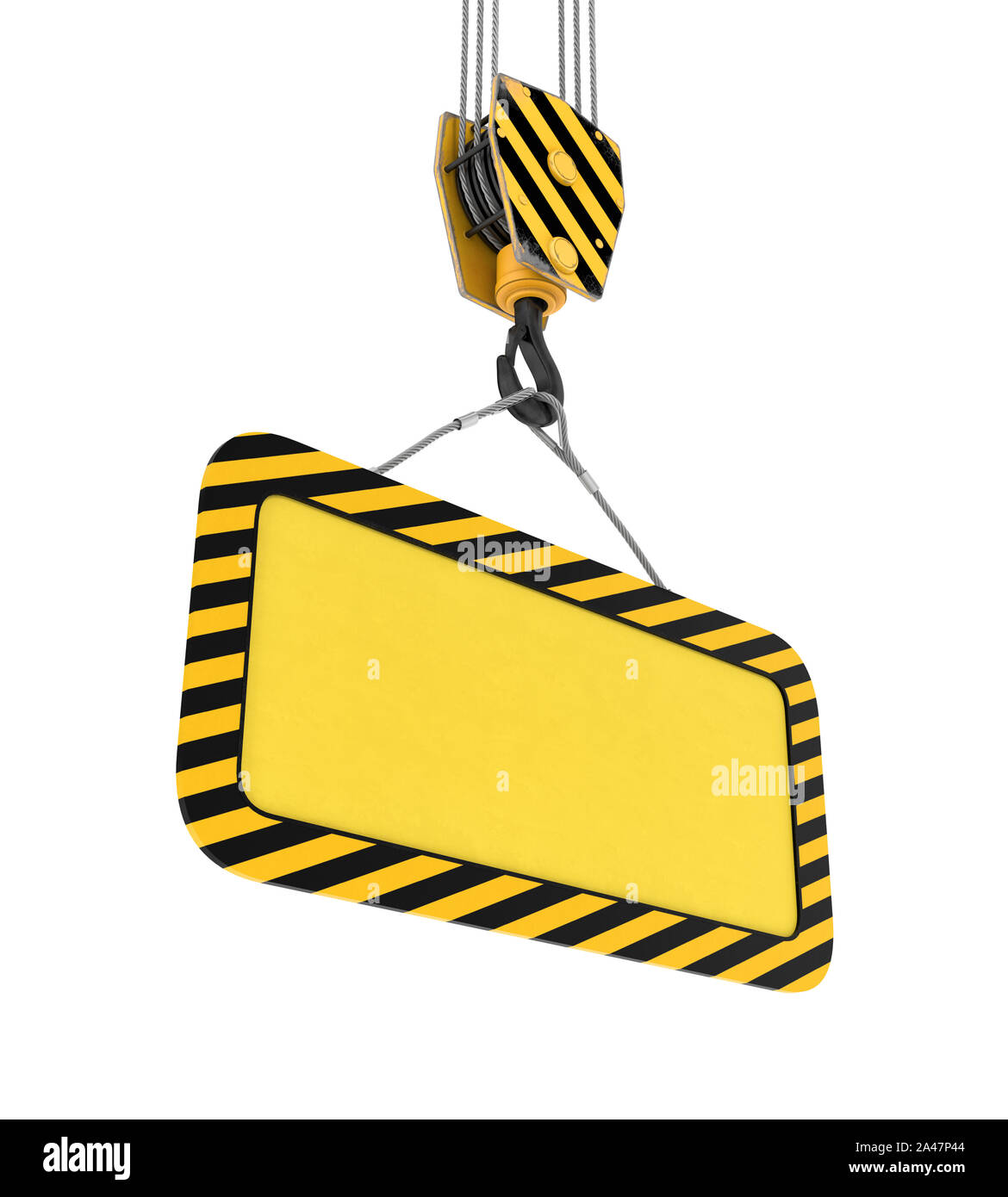 3d rendering of yellow board hanging on a hook with two ropes isolated ...