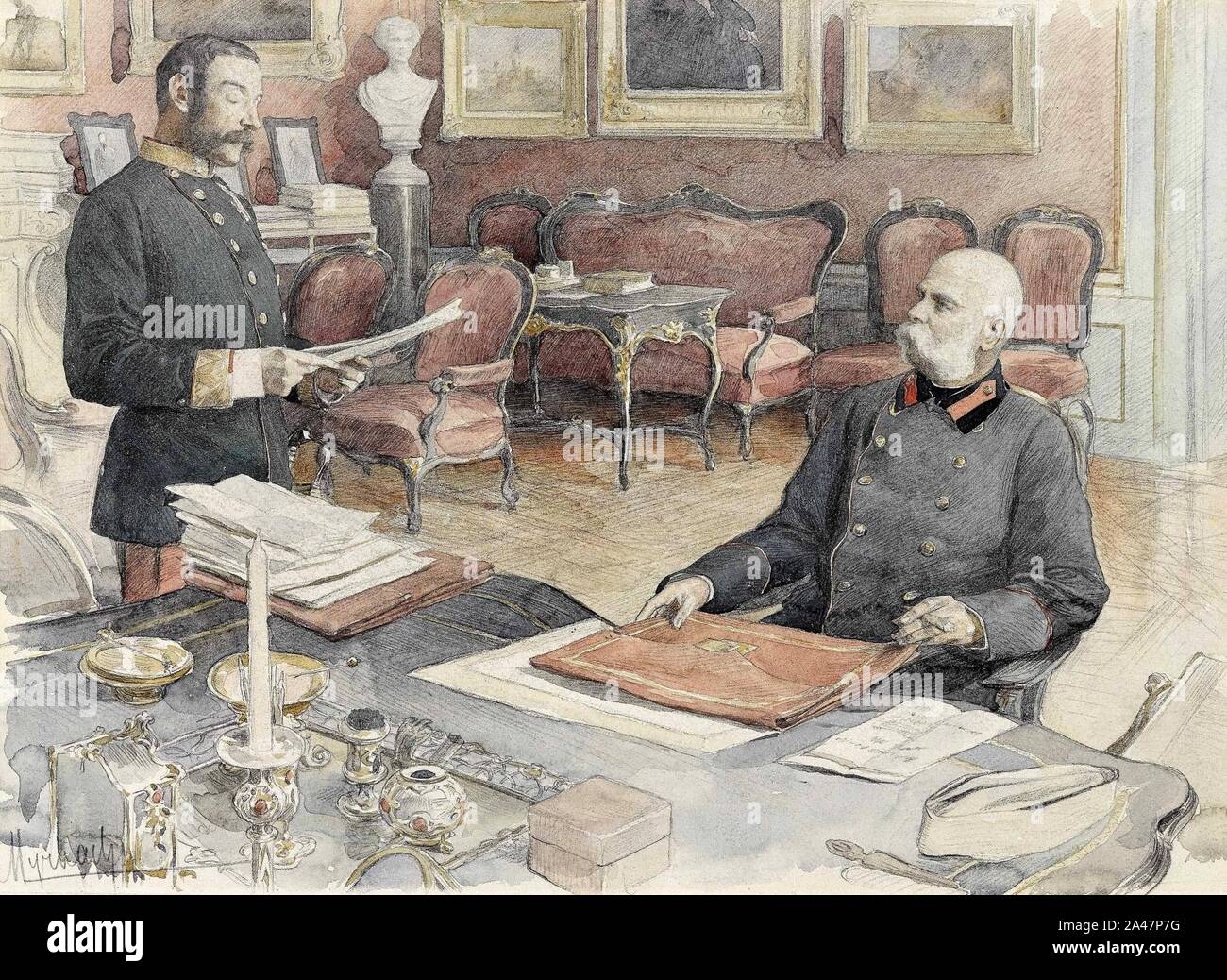 Felician von Myrbach-Rheinfeld - Kaiser Franz Joseph I. von Österreich an seinem Schreibtisch in der Wiener Hofburg. Stock Photo