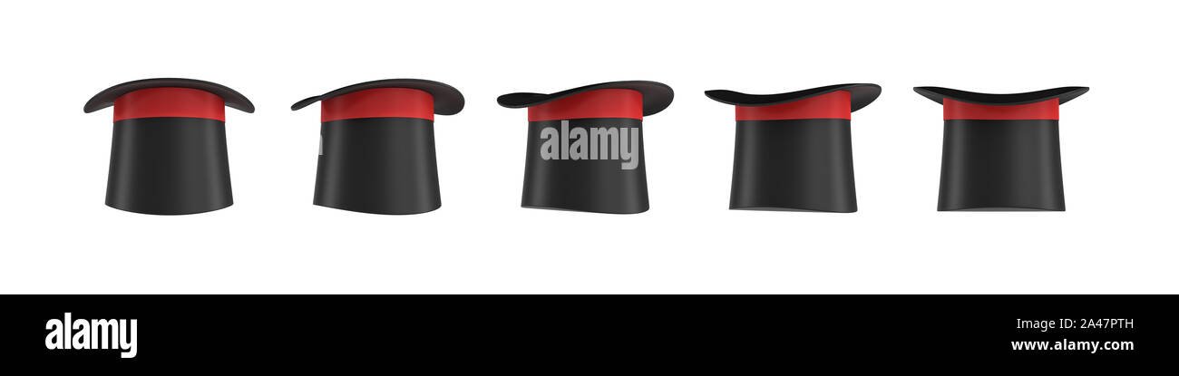 3d rendering of a set of several black magician's hats with one red stripe in different side views. Wizard's hat. Magicians and artists. Illusionist's Stock Photo