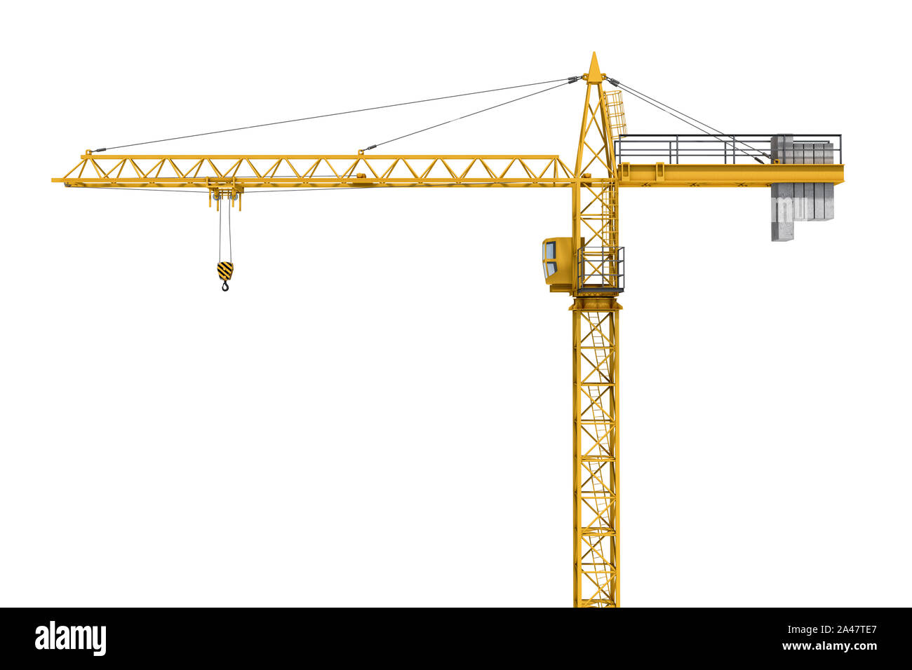 3D rendering of a yellow construction crane isolated on a white background. Construction. Tower crane. Modern form of balance crane. Type of machine e Stock Photo