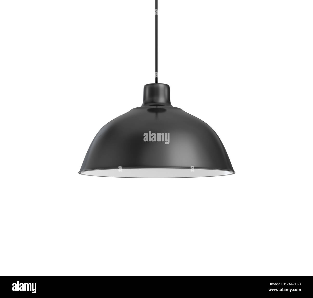 3d rendering of a single dark lamp fixture with a wide industrial metal design on a white background. Light source. Industrial lighting. Indoor electr Stock Photo