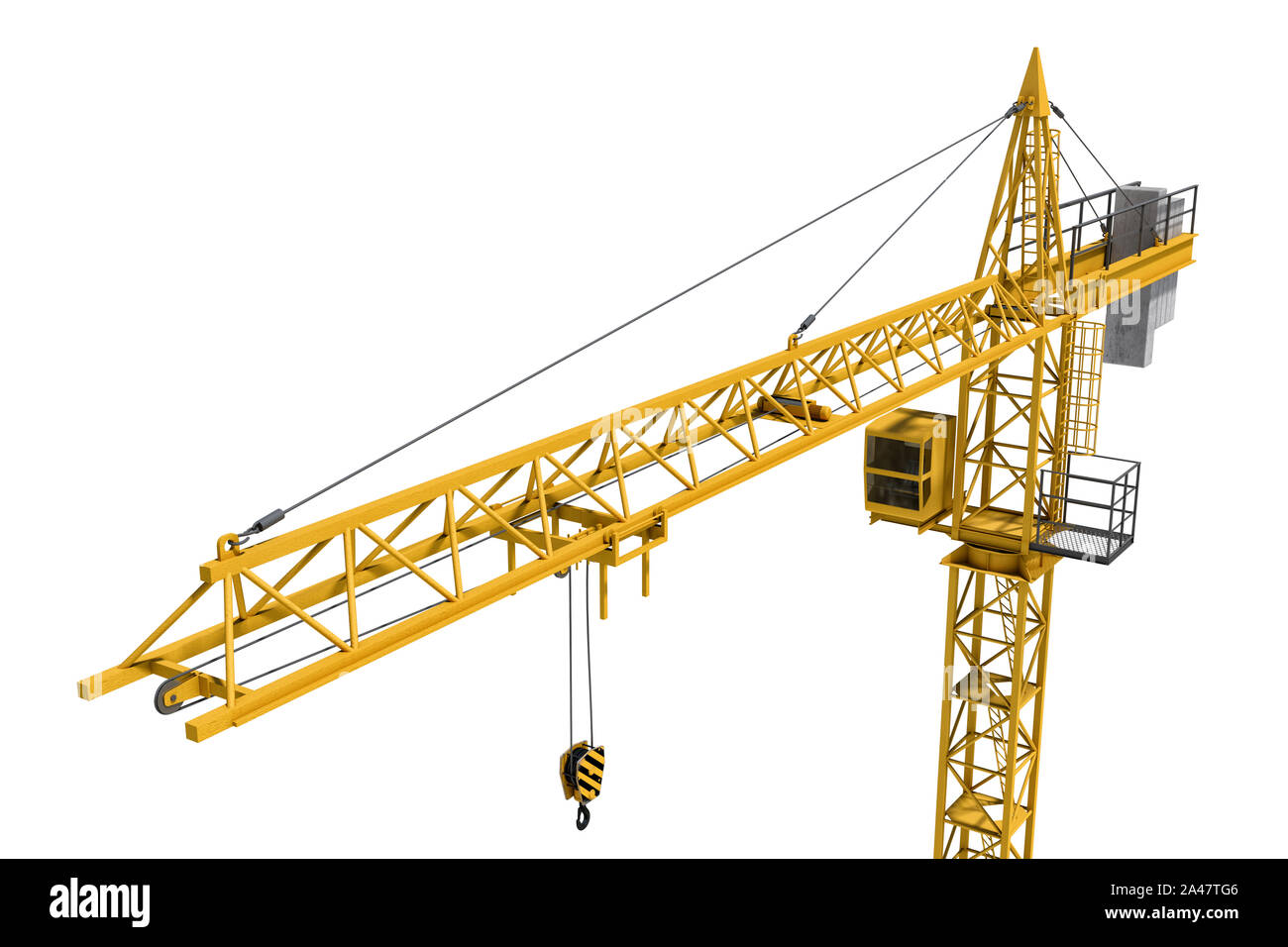 3D rendering of a yellow construction crane isolated on a white background. Construction. Tower crane. Modern form of balance crane. Type of machine e Stock Photo