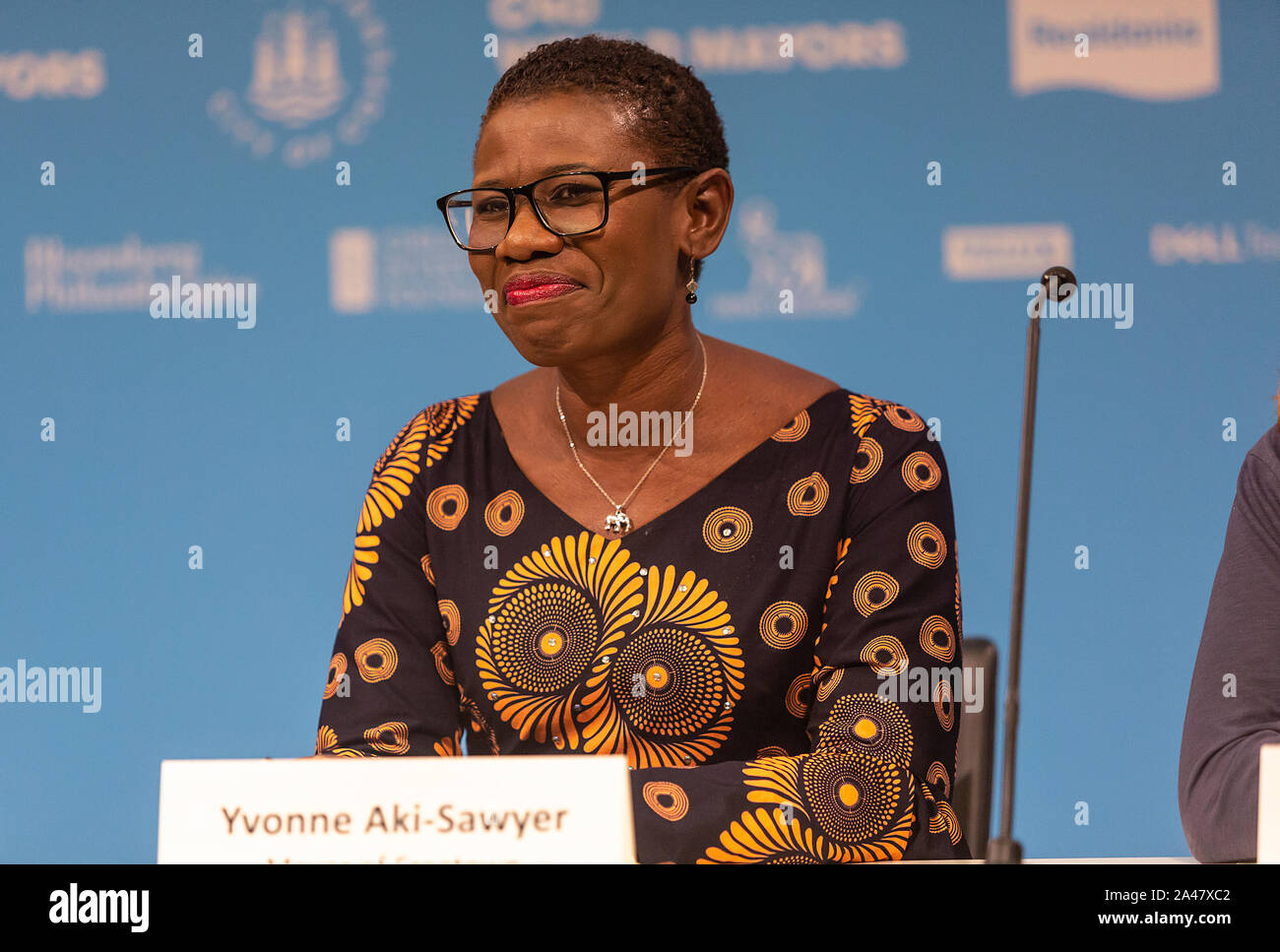 COPENHAGEN, DENMARK – OCTOBER 11:  Yvonne Aki-Sawyer, Mayor of Freetown, Sierra Leone, during the ‘Mayors and Youth Activist’ press conference at the C40 World Mayors Summit. During the press conference young activist explained what they expect of the grown-up politicians. More than 90 mayors of some of the world’s largest and most influential cities representing some 700 million people met in Copenhagen from October 9-12 for the C40 World Mayors Summit. The purpose with the summit in Copenhagen was to build a global coalition of leading cities, businesses and citizens that rallies around radi Stock Photo