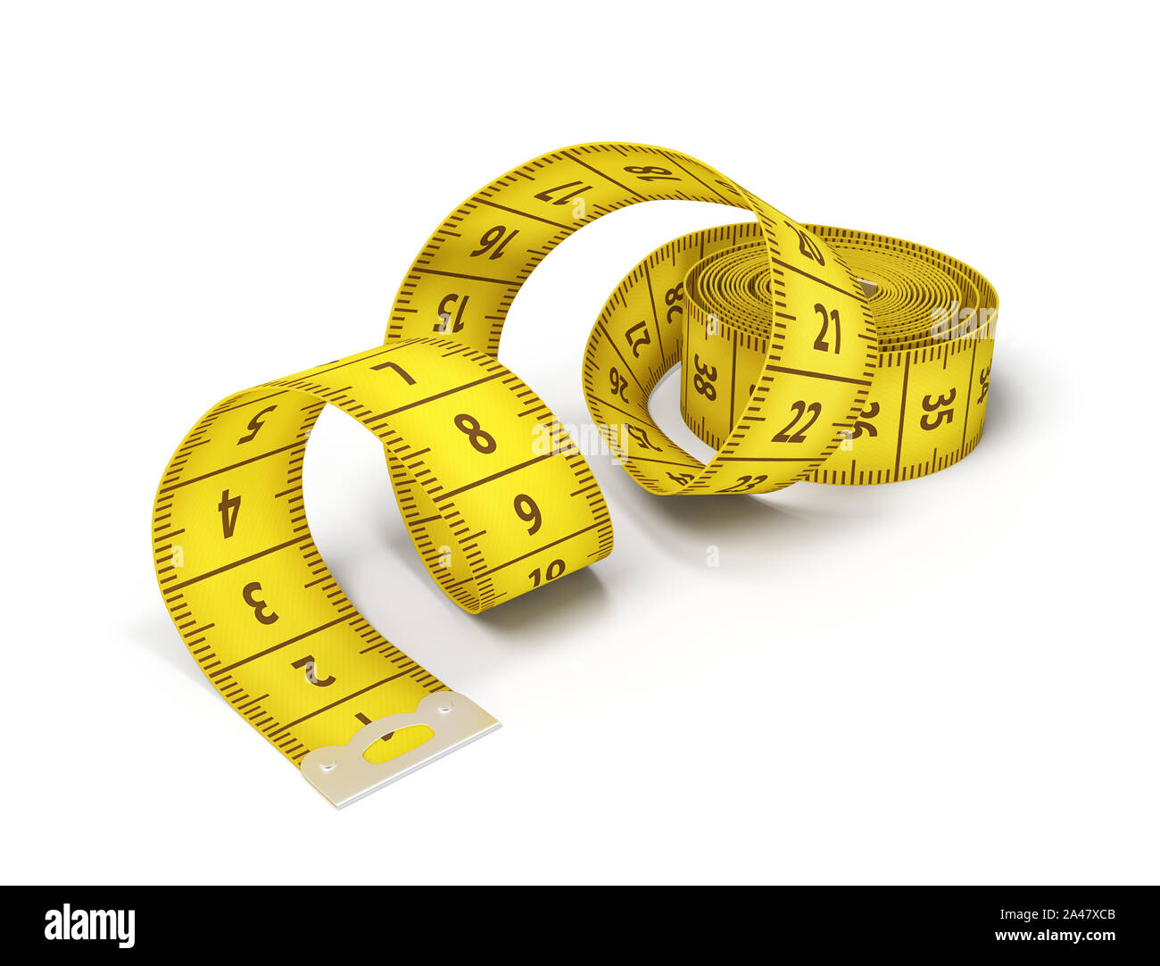3d rendering of an isolated yellow tape measure halfrolled out with a