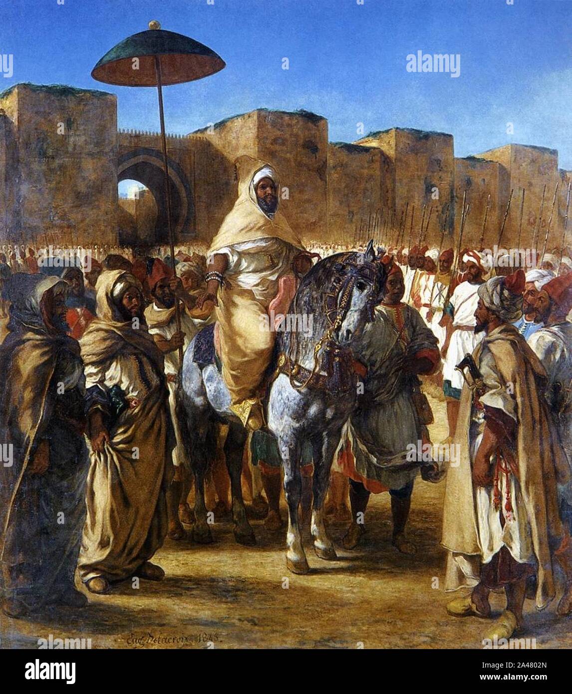 Ferdinand-Victor-Eugène DELACROIX - Moulay Abd-er-Rahman, sultan du Maroc, sortant de son palais de Meknes, entouré de sa garde et de ses principaux officiers. Stock Photo