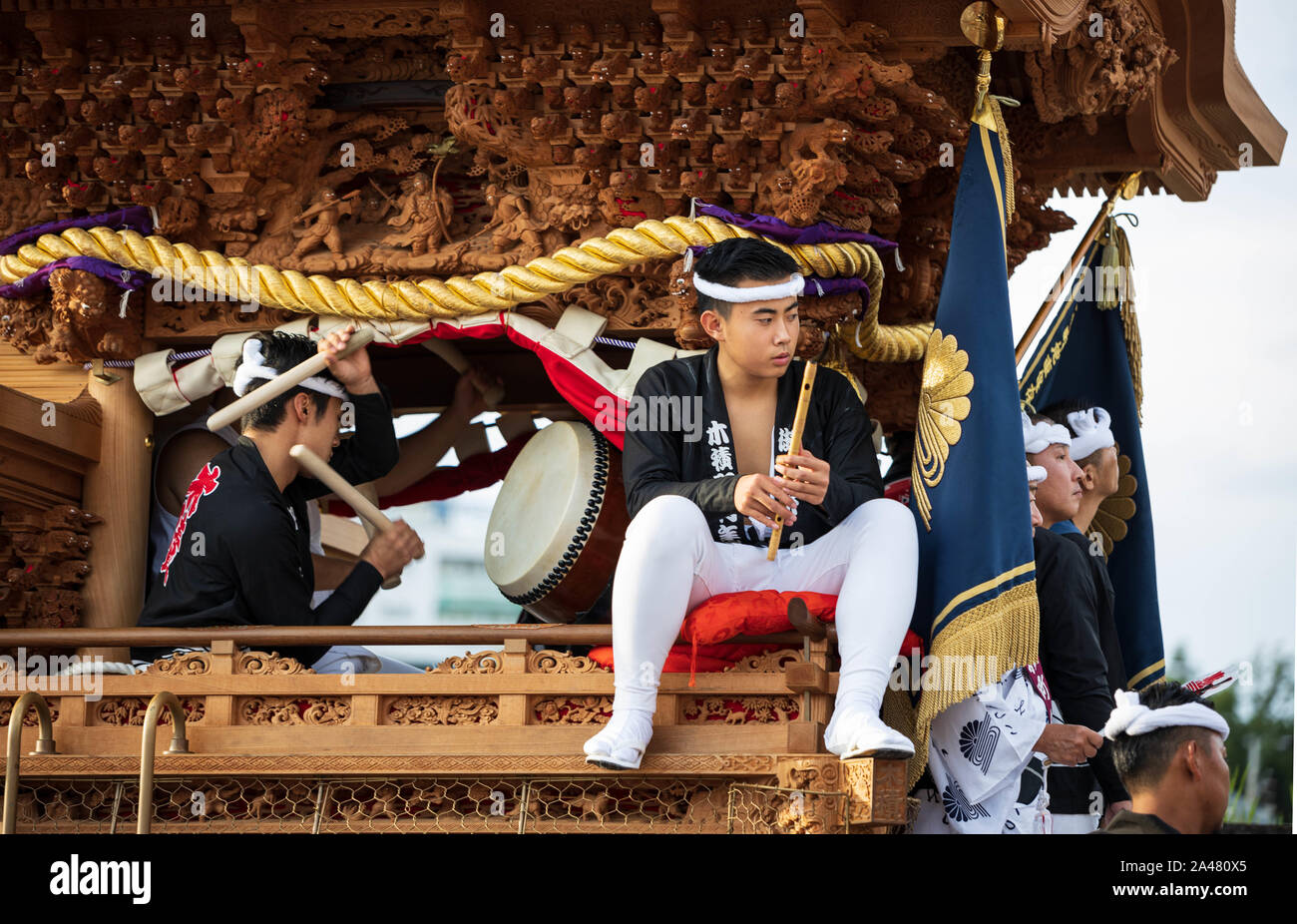 Kumatori, Japan - October 6, 2019: Musicians on danjiri portable shrine in preparation for local festival Stock Photo