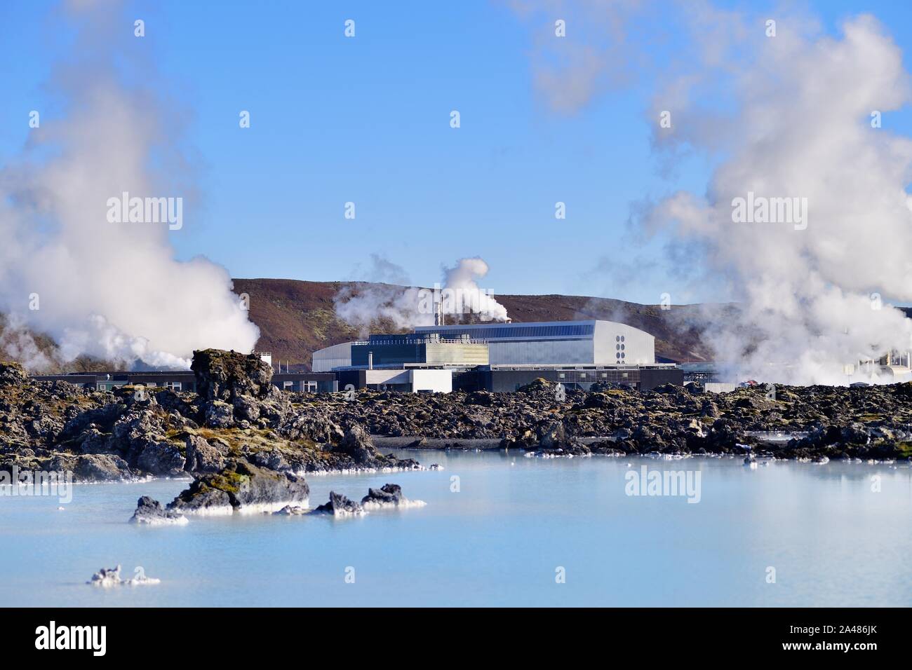 Svartsengi, Iceland. Just beyond the waters of the Blue Lagoon steam and  smoke bellow from the Svartsengi Geothermal Power Station Stock Photo -  Alamy