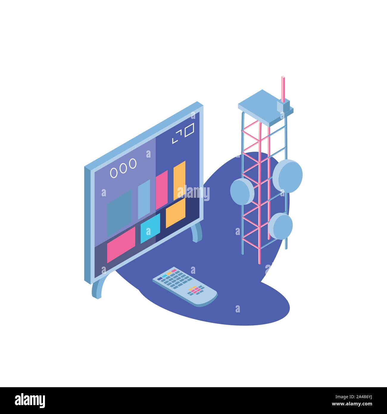 tv screen with remote control and telecommunications tower vector ...