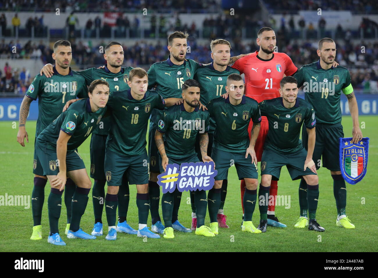 Rome, Italy. 12th Oct, 2019. ROME, ITALY - 12 OCTOBER 2019: Italy team with  green soccer jersey, during the official photo in the UEFA Euro 2020  qualifier match between Italy and Greece,