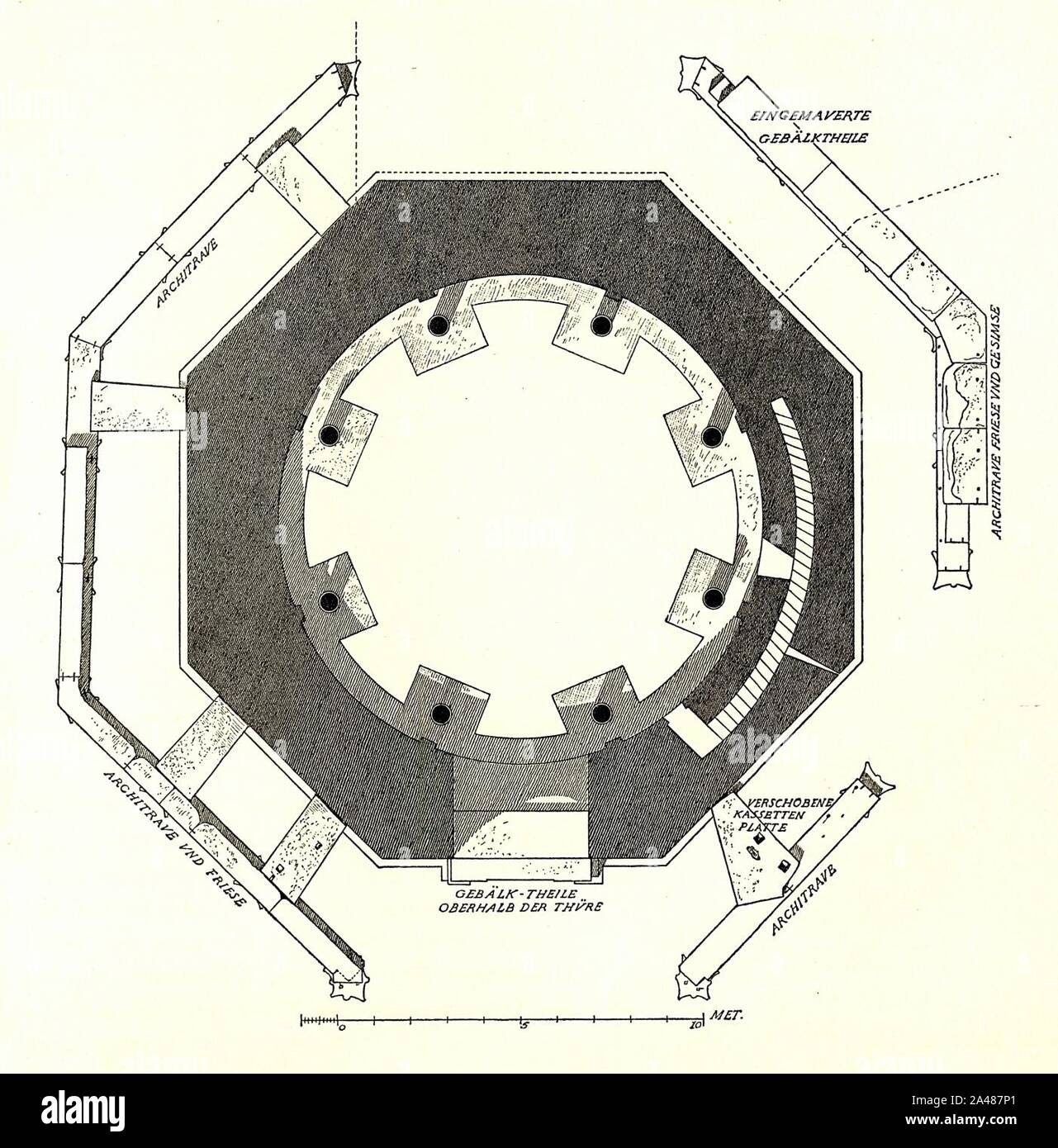 Fig 087 Horizontalschnitt durch das Mausoleum und Draufsicht auf das Gebälk des Umganges. Stock Photo