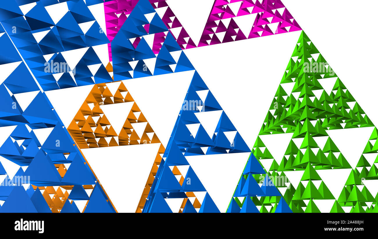 Blue, green, yellow and purple Sierpinski triangle close-up on white ...
