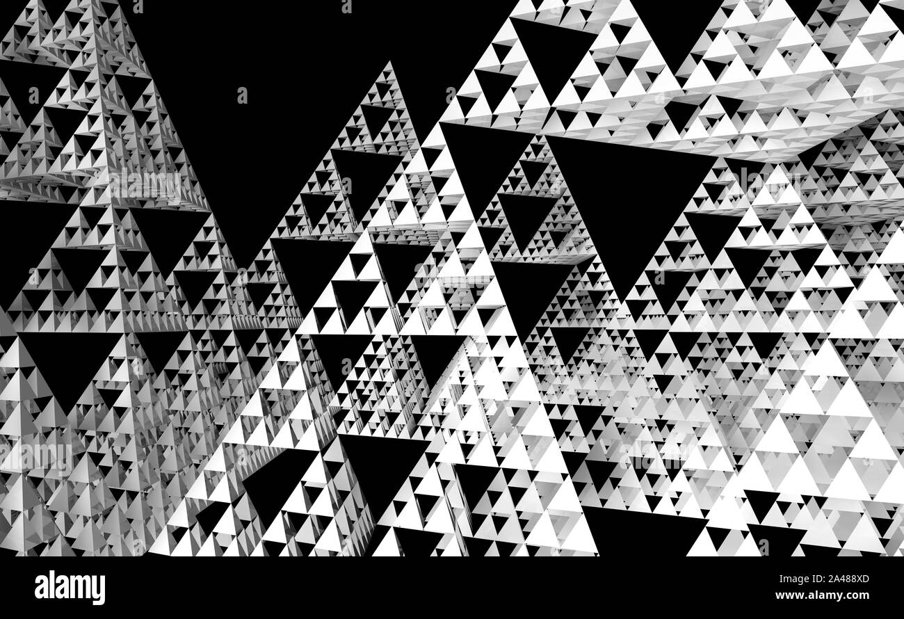 Gray Sierpinski triangle texture on black background. It is a fractal with the overall shape of an equilateral triangle, subdivided recursively into s Stock Photo