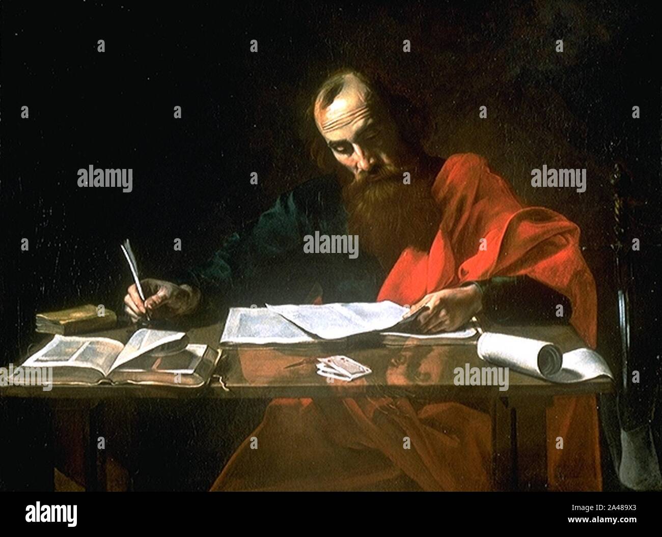 File‘-Saint Paul Writing His Epistles‘ by Valentin de Boulogne. Stock Photo