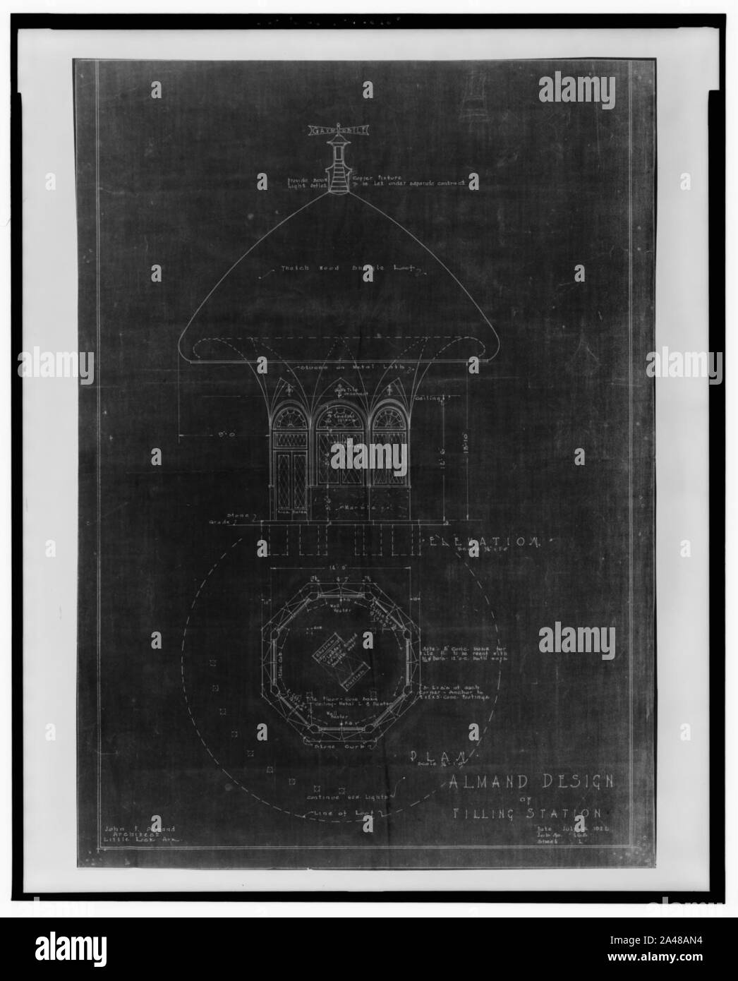 Filling station. Elevation and plan. Working drawing) - John P. Almand Architect Little Rock Ark Stock Photo