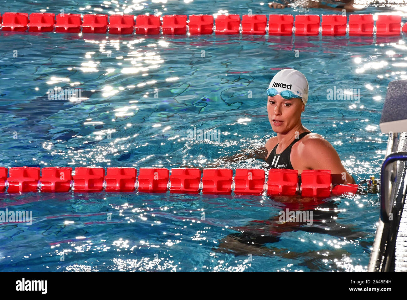 Naples, Italy. 12th Oct, 2019. The captain of team Aqua Centurions Federica  Pellegrini with her coach Matteo Giunta during the match of International  Swimming League at the Piscina Felice Scandone in Napoli. (