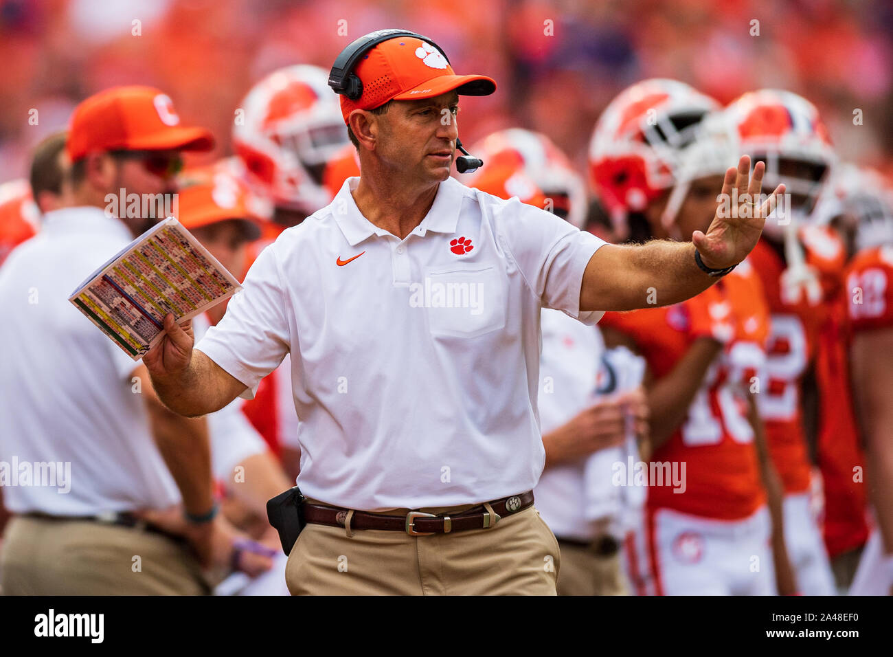 Clemson Tigers head coach Dabo Swinney during the NCAA college football game between Florida State University and Clemson on Saturday October 12, 2019 at Memorial Stadium in Clemson, SC. Jacob Kupferman/CSM Stock Photo