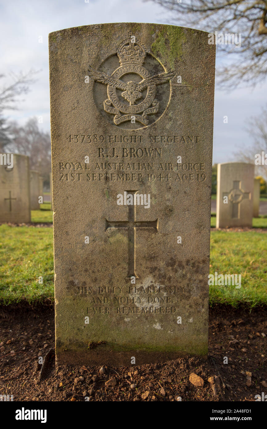 Commonwealth War Graves Commission Grave of Ronald Jack Brown of the Royal Australian Air Force, Haycombe Cemetery, Bath Stock Photo