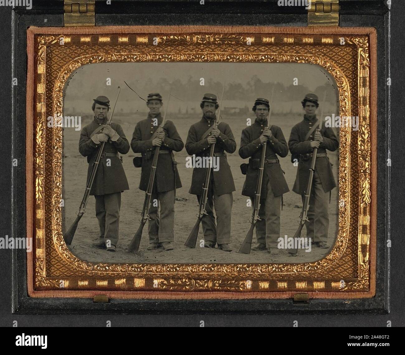 Five soldiers in Union uniforms of the 6th Regiment Massachusetts Volunteer Militia. Stock Photo