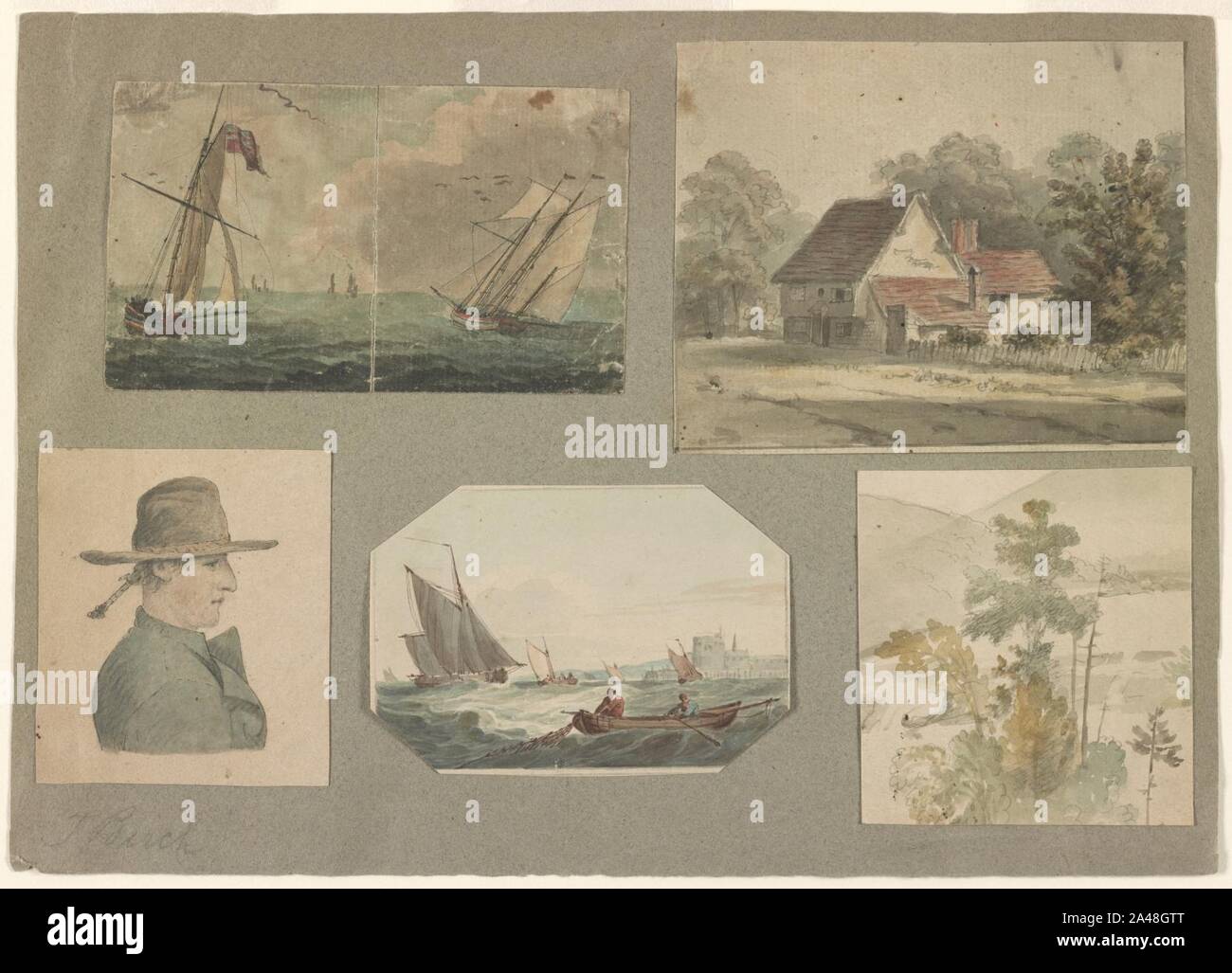 Five sketches- one portrait, two marine views, exterior of a house, and one landscape showing trees Stock Photo