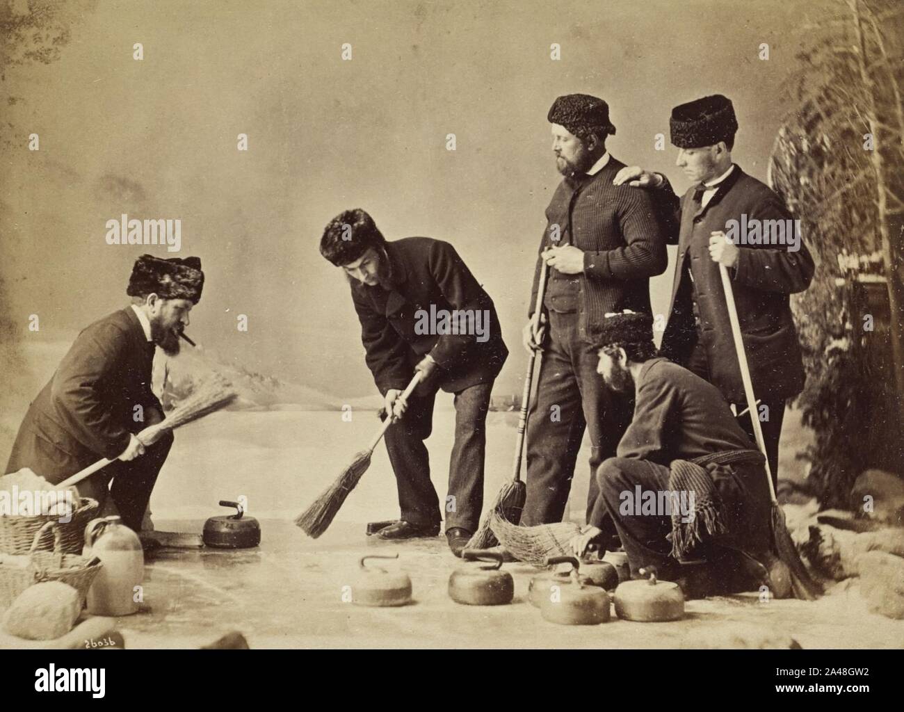 Five-men-curling-by William Notman. Stock Photo