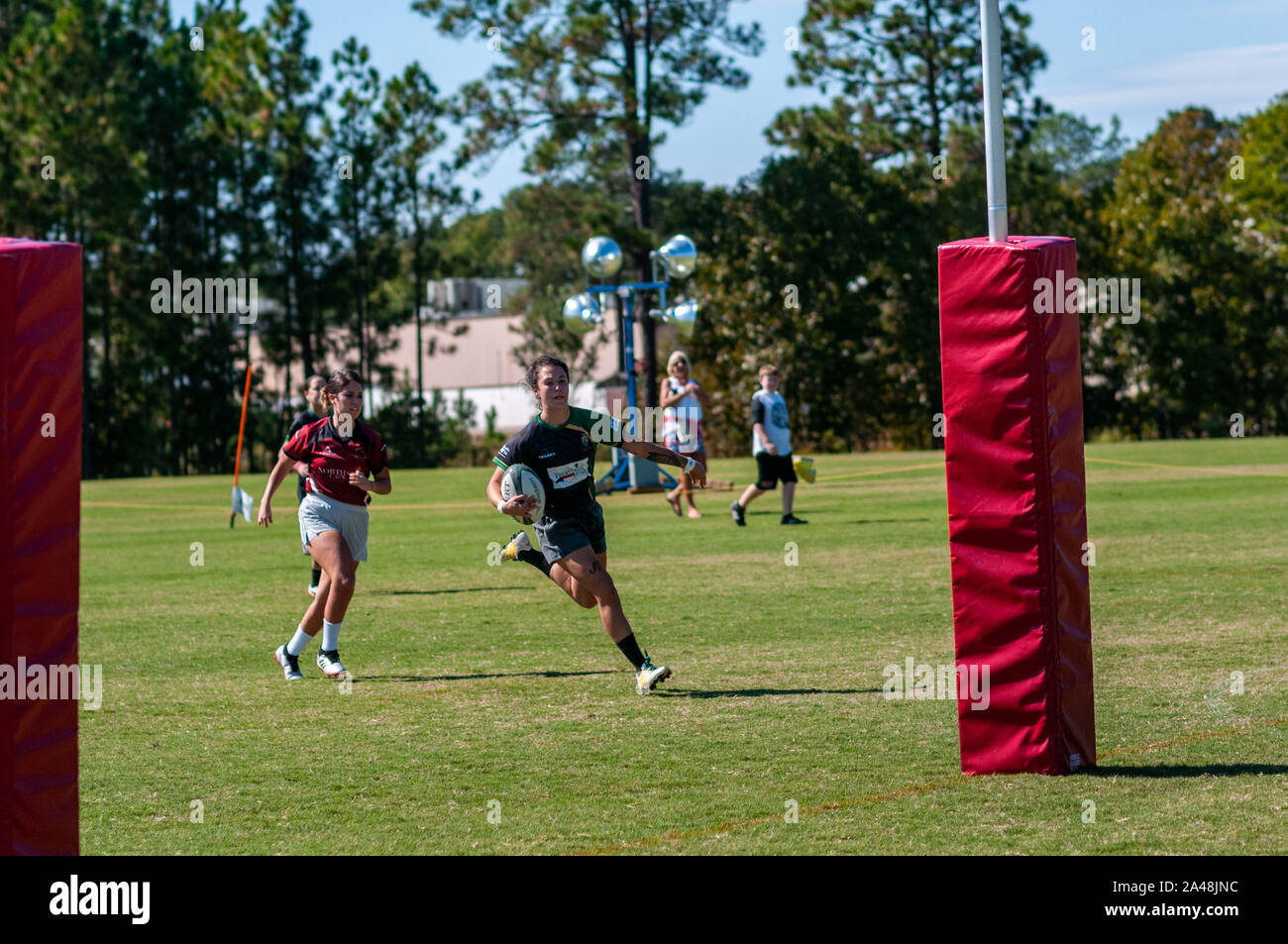 Southern Pines, North Carolina, USA. 12th Oct, 2019. Oct. 12, 2019 - Southern Pines, N.C., USA - Carolinas Geographic Rugby Union women's rugby action between the Southern Pines 'The Celts' and Camp Lejeune Maniacks at the National Athletic Village. Southern Pines defeated Camp Lejeune, 39-0, for the team's first-ever Carolina Geographic Rugby Union matrix win. Credit: Timothy L. Hale/ZUMA Wire/Alamy Live News Stock Photo
