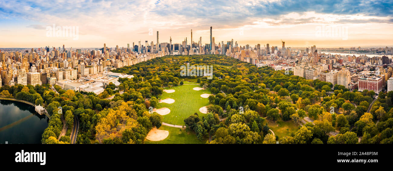 Aerial panorama of New York skyline at sunset Stock Photo - Alamy